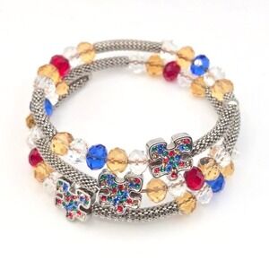 Wrap Bracelet Puzzle Piece Charms Autism Awareness Glass Beads Silver Tone Mesh‎